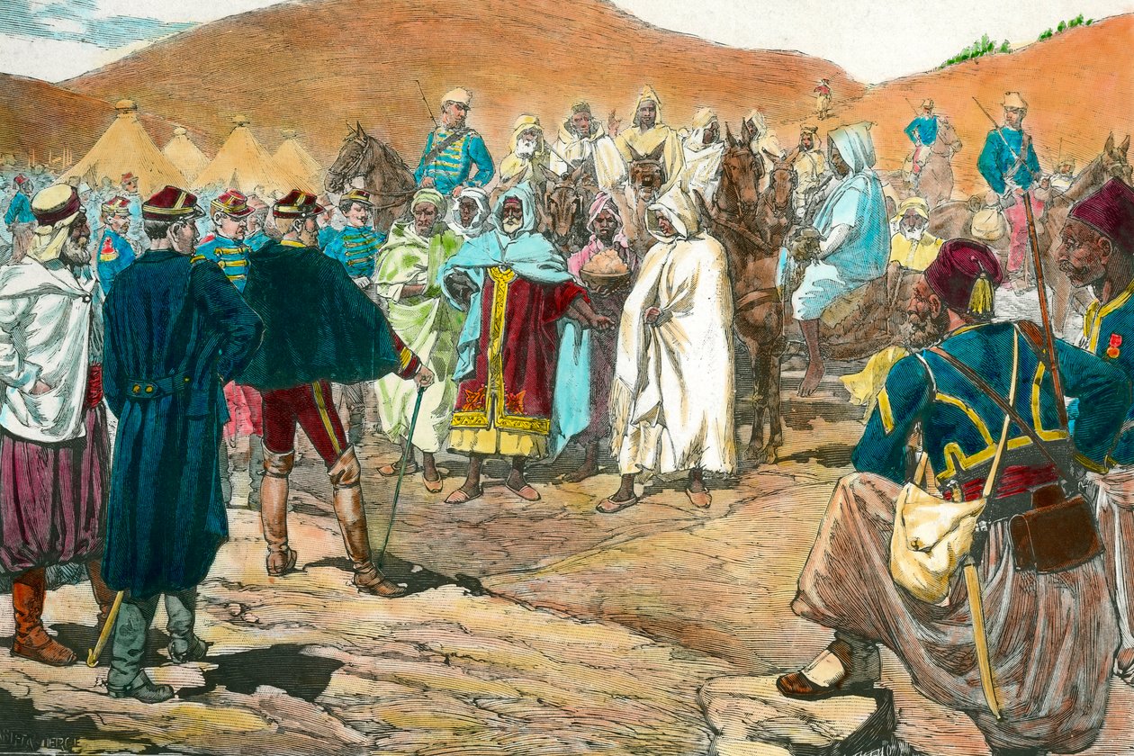 Sömürgecilik: Tunuslu aşiret liderleri parlamentoya geliyor. 19. yüzyıl Özel Koleksiyonunun gravürü by Unknown artist