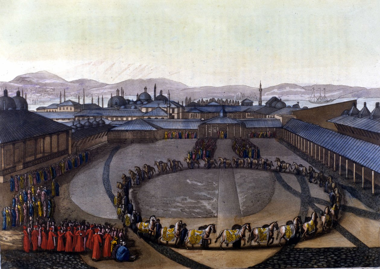Konstantinopolis: Felicity Kapısı. Bu kapı, padişahın ailesi ve haremindeki hanımlarla birlikte yaşadığı sarayın iç kısmına geçişi sağlar. “” Le kostüm ancien et moderne”de” by Unknown artist