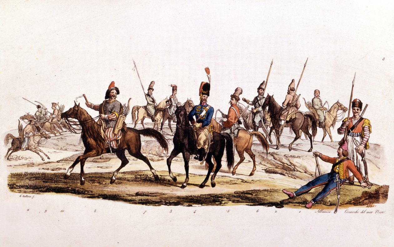 Kazaklar: 1. 2. Kazaklar 3. Don Kazakları 4¡ Don Resmi Kazakları 5¡ Kazak Chernomowskij 6¡ Ural Kazakları 7¡ Normal Kazak 8¡ Başkurt 9¡ ve 10¡ Kalmuk by Unknown artist