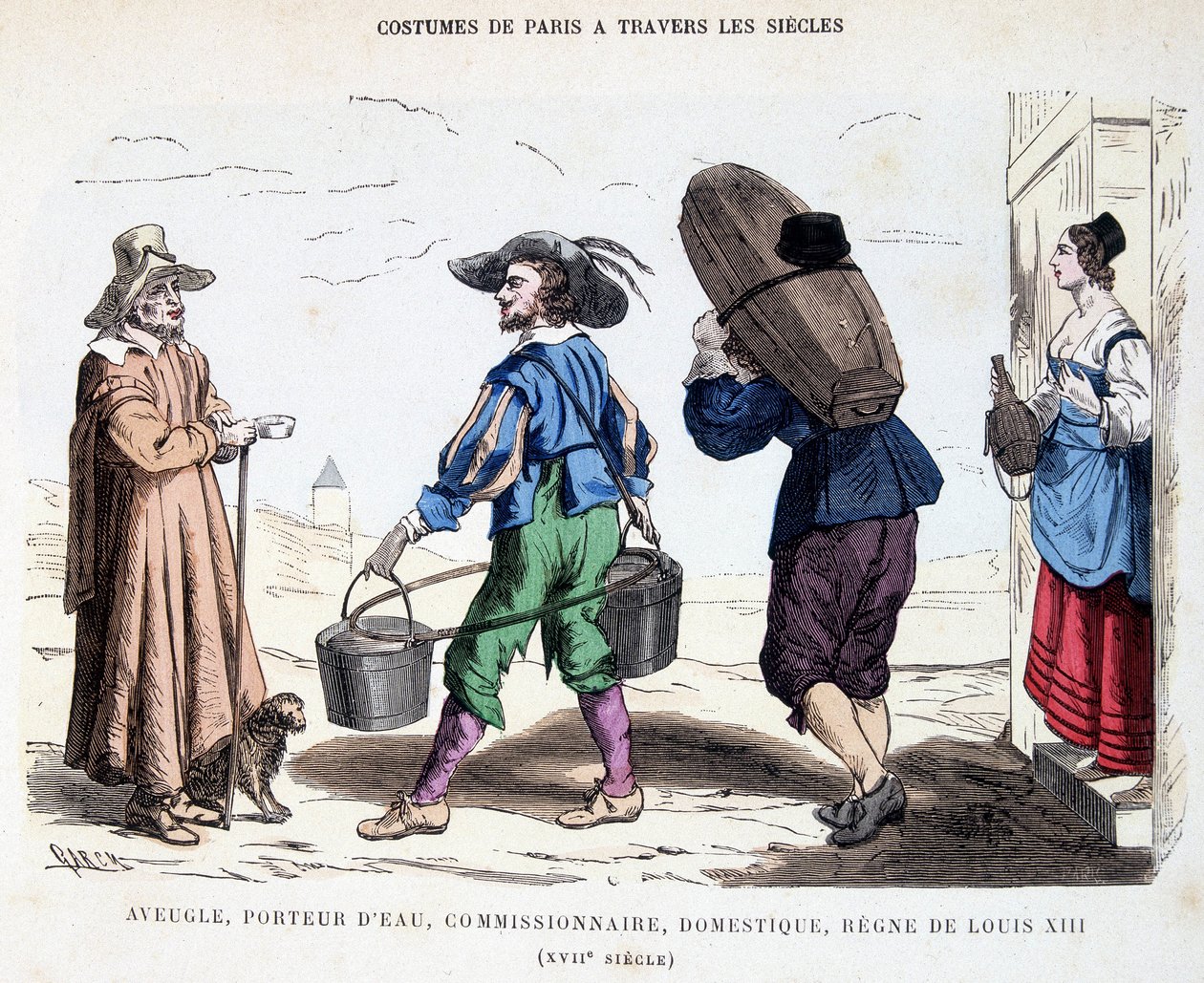 Louis XIII döneminde 17. yüzyılda kör bir adam, bir su taşıyıcısı, bir komisyoncu, bir hizmetçi kostümü. Yüzyıllar boyunca Paris Kostümleri