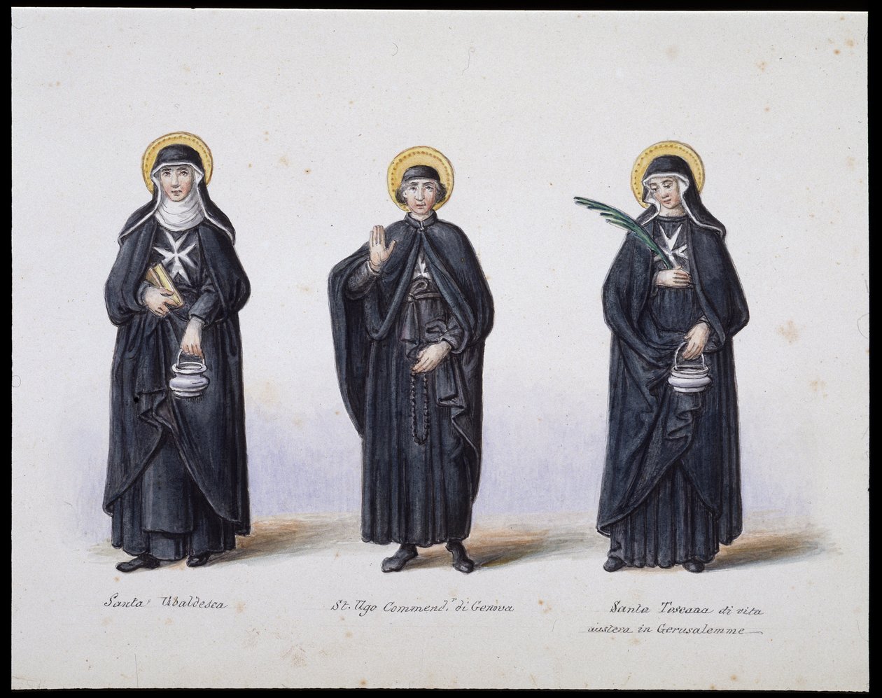 Kostümler: 1. Santa Ubaldesca, 2. St Ugo Commendant di Genova, 3. Santa Toscana di vita. SD. 19. yüzyıl. by Unknown artist