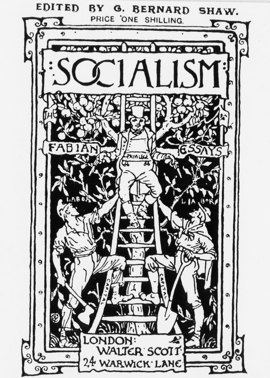Fabian Society dergisinin kapağı, G. B. Shaw tarafından düzenlendi. Alegori, sermayeyi simgeleyen ve iki silahla işçileri denetleyen ölçeğin en üstündeki ayrıcalığı temsil eder. Oymak. by Unknown artist