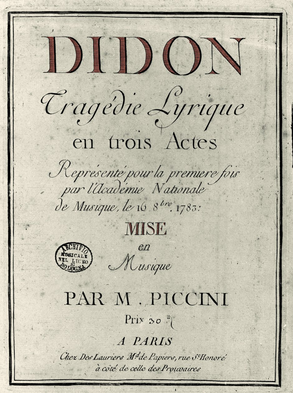 Besteci Niccolo Vito Piccinni (veya Piccini) (1728-1800) tarafından “Didon” operasının librettosunun kapağı. 1783 by Unknown artist
