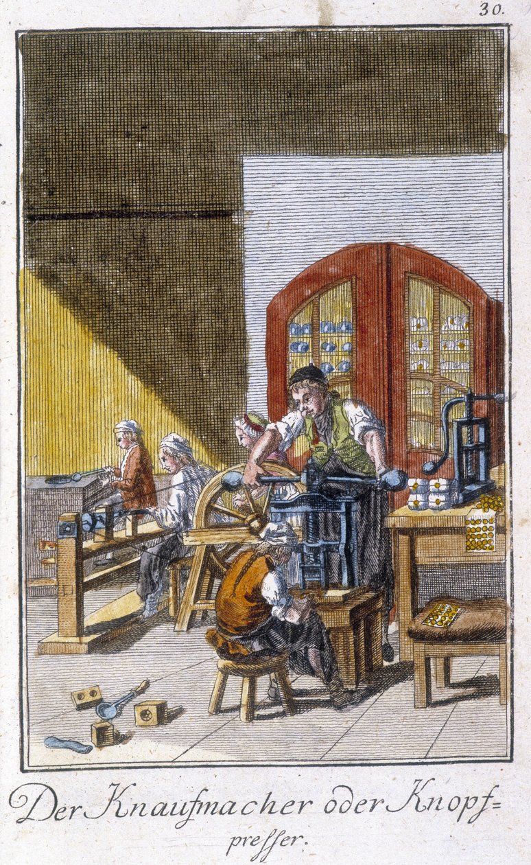 Zanaat zanaatı: atölyesinde düğme üreticisi. Johan Peter Vue tarafından "Gençler için sanat ve zanaat ve atölye çalışmalarının kapsamlı açıklaması"nda. Ed. Nürnberg, Weigel ve Schneider by Unknown artist