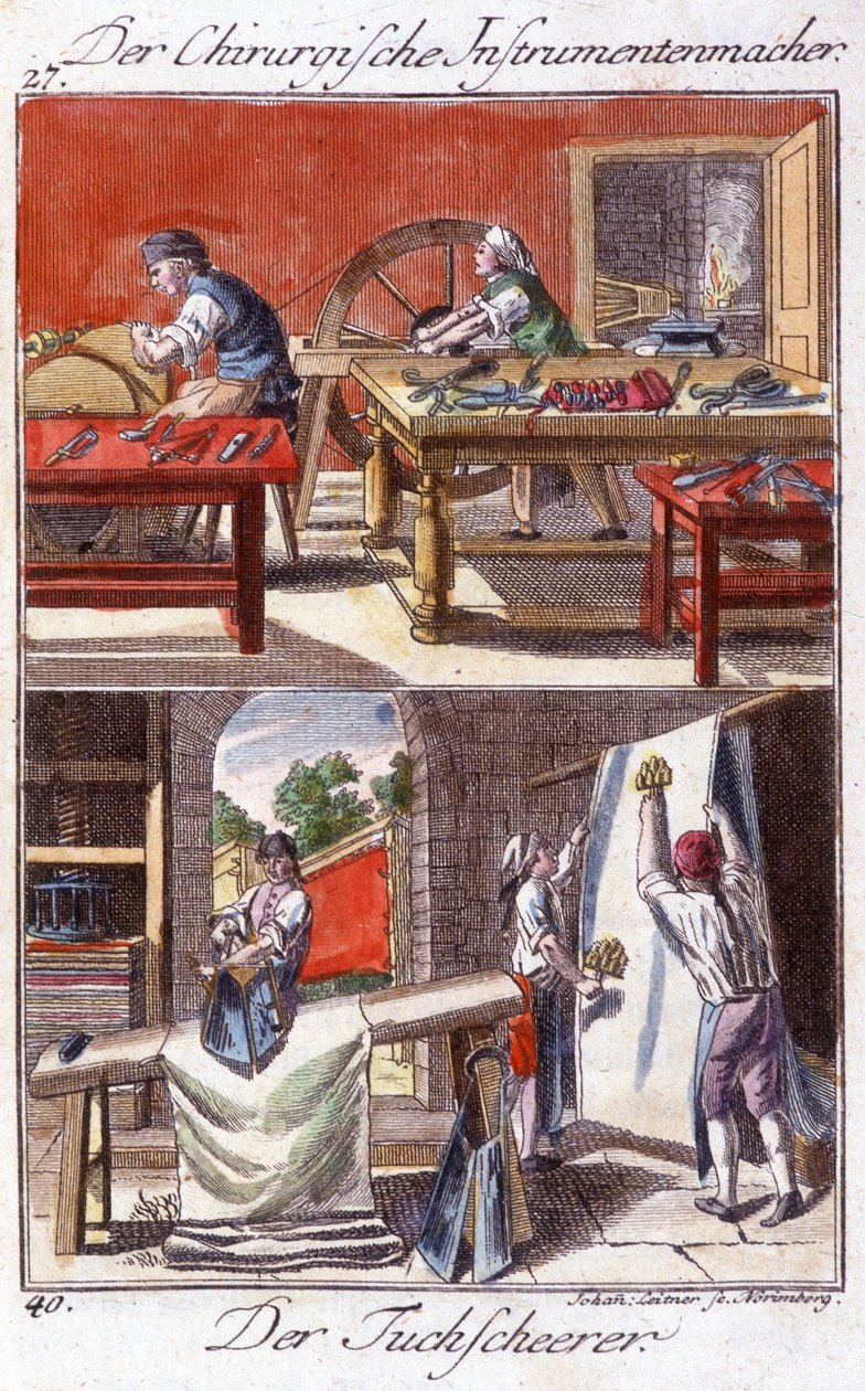 Crafts: kendi atölyelerinde cerrahi alet (üstte) ve kılıf düzeltici (altta) üreticisi. Johan Peter Vue tarafından "Gençler için sanat ve zanaat ve atölye çalışmalarının kapsamlı açıklaması"nda. Ed. Nürnberg, Weigel ve Schneider by Unknown artist