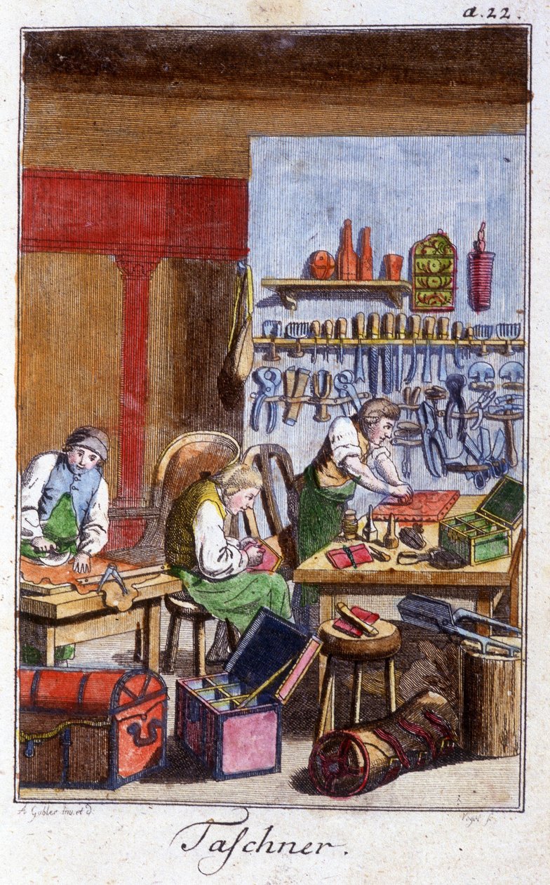 El sanatları: atölyelerinde pochetier ve gibecier. Johan Peter Vue tarafından "Gençler için sanat ve zanaat ve atölye çalışmalarının kapsamlı açıklaması"nda. Ed. Nürnberg, Weigel ve Schneider by Unknown artist