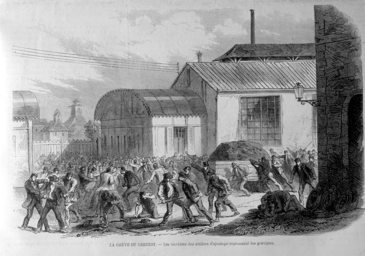 Creusot vuruşu. Düzenleme atölyelerinin işçileri grevcileri geri püskürtüyor. 19. yüzyıl gravür. by Unknown artist