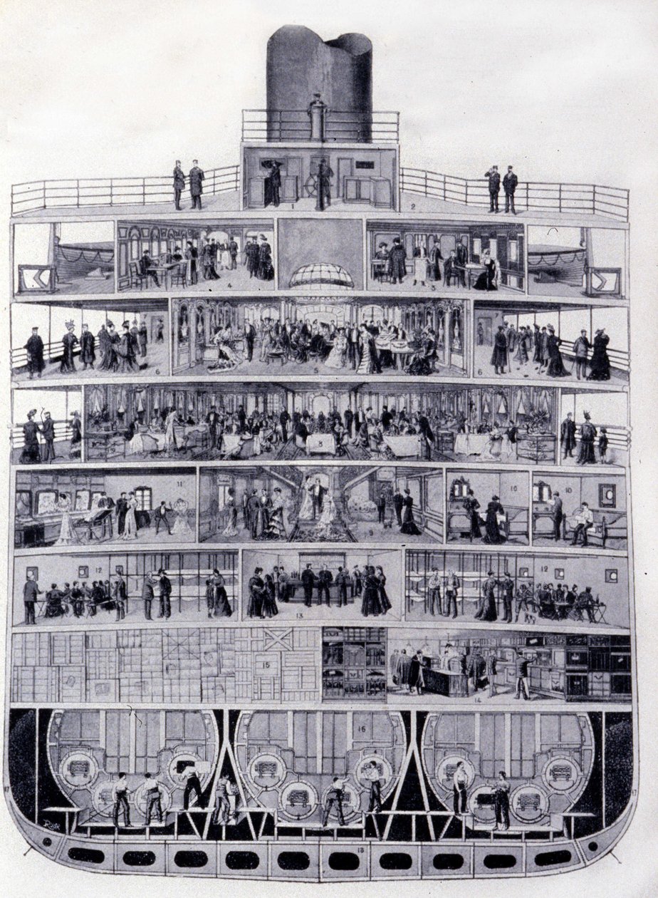Transatlantik “Provence” ın kesiti: köprüden ambara. 19. yüzyılın çizimi by Unknown artist