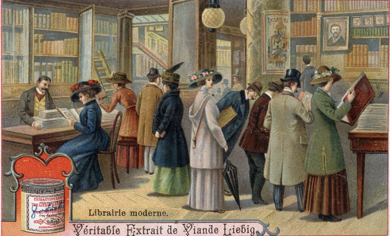 19. yüzyılın sonlarında modern bir kitapçıda müşteriler ve kitapçı. Kromolitografi, Liebig görüntüsü. by Unknown artist