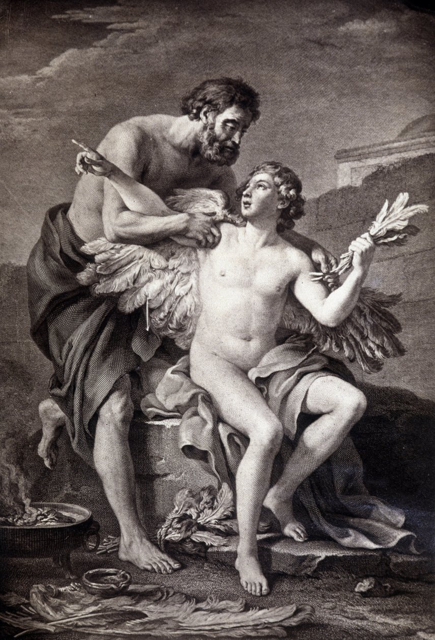 Daedalus ve İkarus. 19. yüzyıl gravürü. by Unknown artist