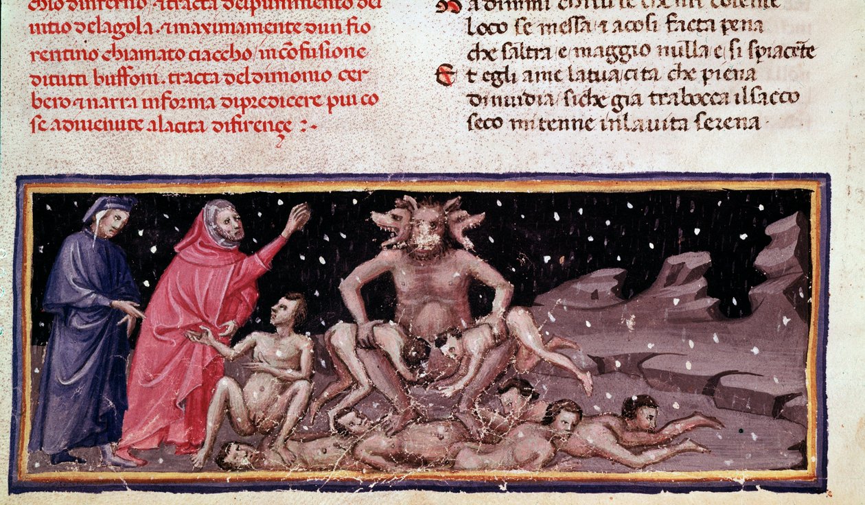 Dante ve Virgil, Ciacco ve Cerbere ile obur (İlahi Komedya'da Cehennem'den 9 şarkı) - minyatür ile tanışıyorlar by Unknown artist