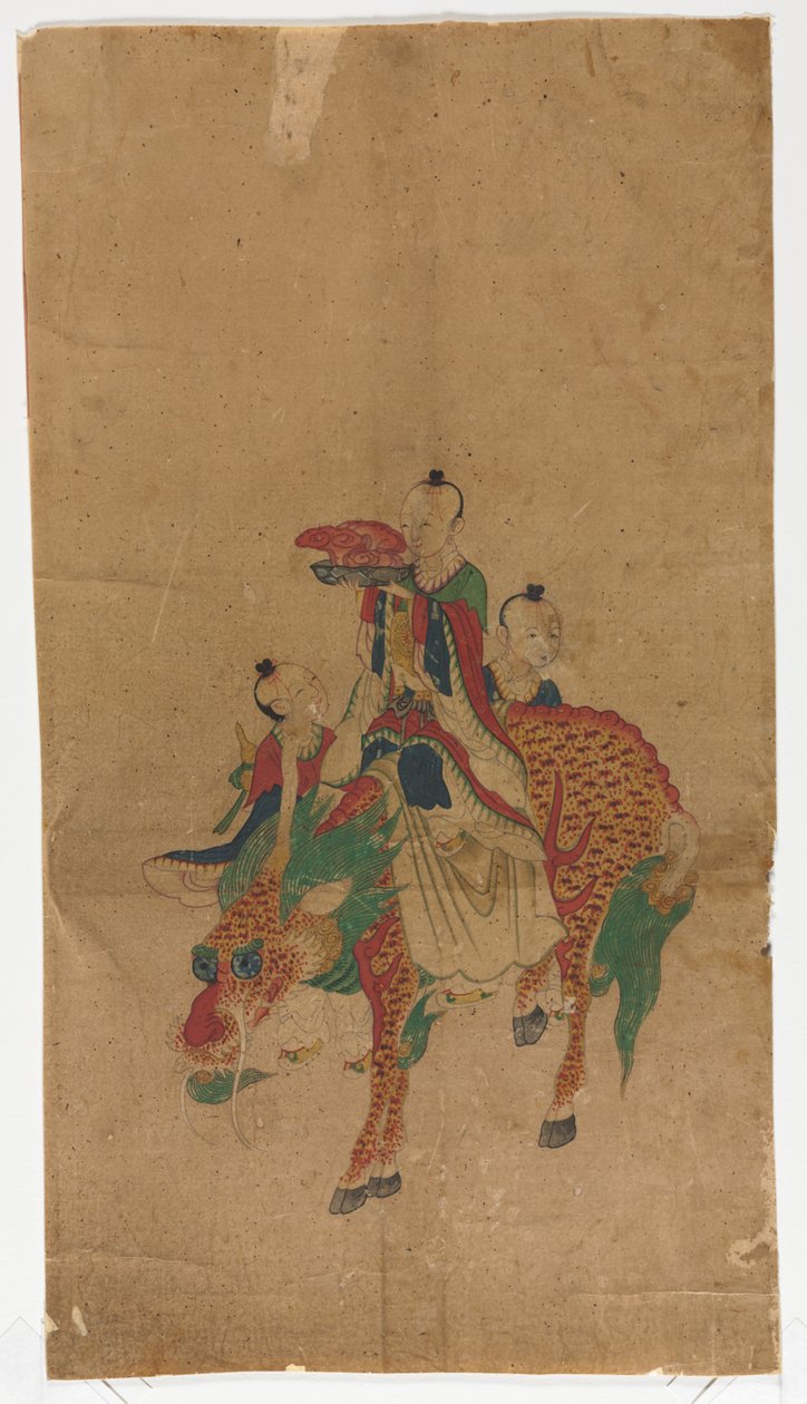 Bir Qilin ve İki Görevli üzerinde Daoist Ölümsüz by Unknown artist