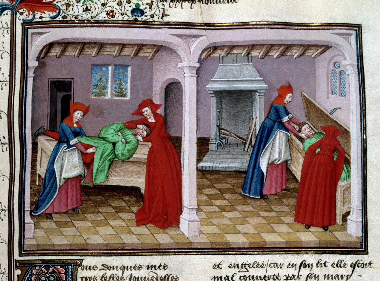 Ölüm Bir hastanın ıstırabı vardır. Ölümünden sonra cenazesi bir tabuta konur. Jean Boccaccio (Giovanni Boccaccio) (1313-1375) 1450 Paris, Arsenal kütüphanesi tarafından “Le decameron”dan minyatür by Unknown artist