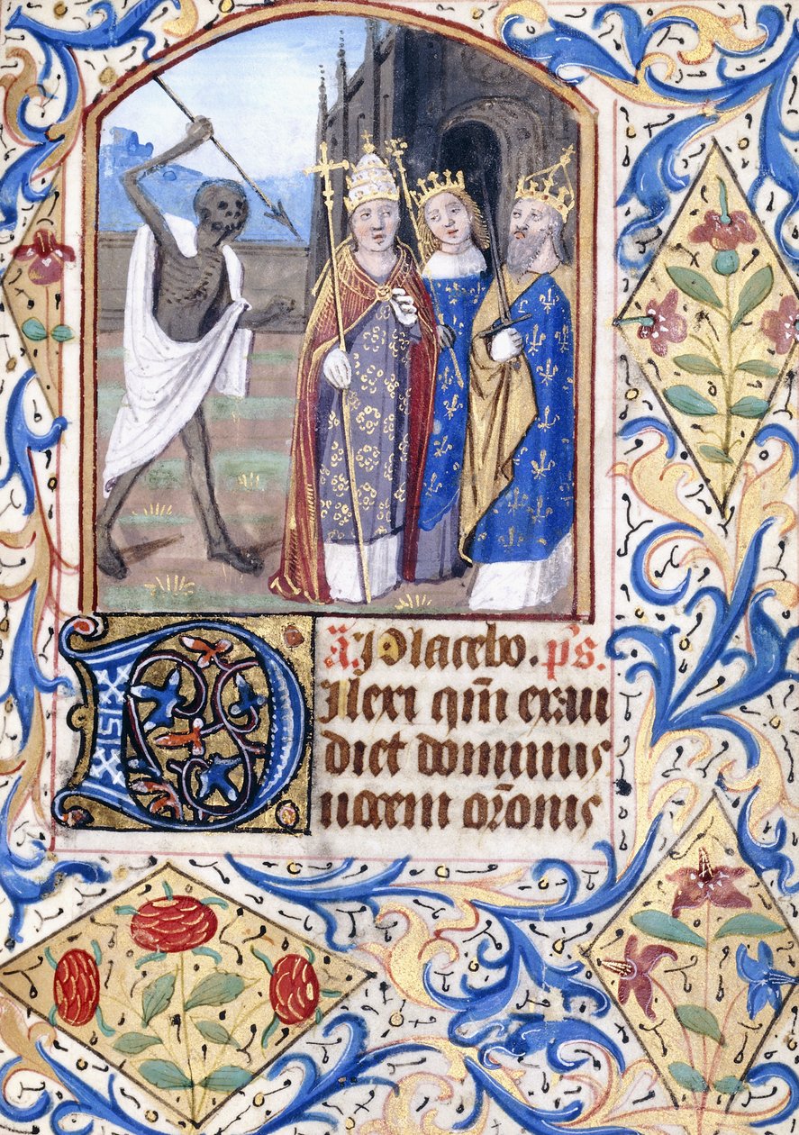 Mızrağıyla Üç Figürü Gösteren Ölüm, Bir Papa, Bir Kral, Bir Kral ve Bir Kraliçe, Gotik Bir Kilisenin Önünde Duran, 1470 dolayları by Unknown artist