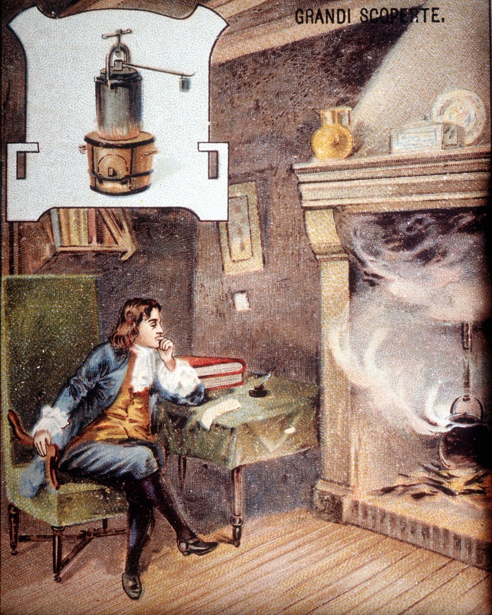 Denis Papin (1647 - 1714) tencereyi icat etti. (dakika cocote'nin atası) 19. yüzyıl kromolitografisi. by Unknown artist