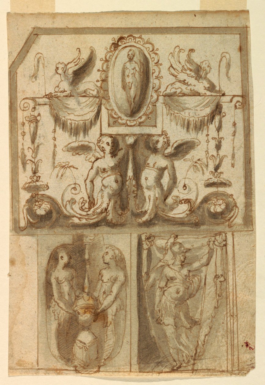 Üç Panelin Boyalı Süslemeleri İçin Tasarım by Unknown artist