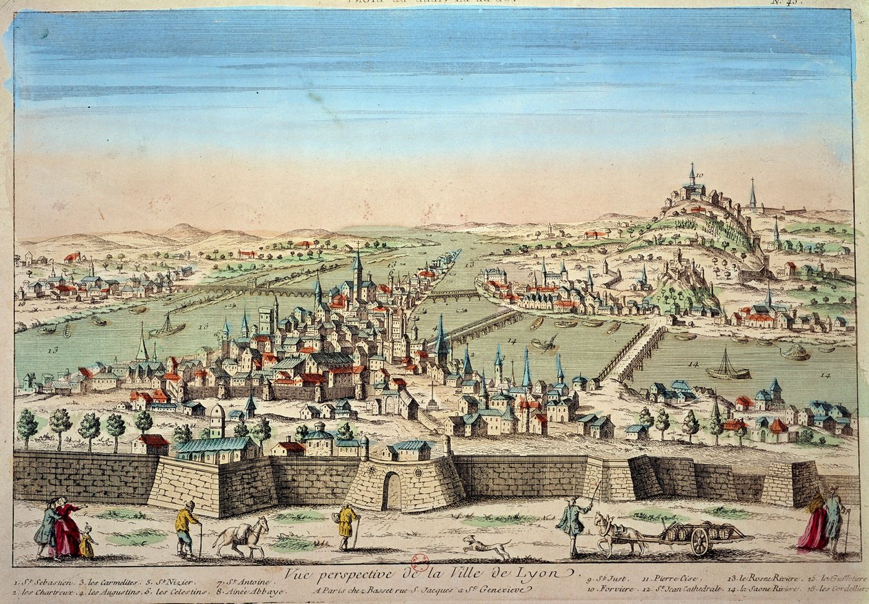 Rhone ve Saone kıyısındaki Lyon şehrinin ayrıntılı görünümü. 17. yüzyıl Paris B.N. by Unknown artist