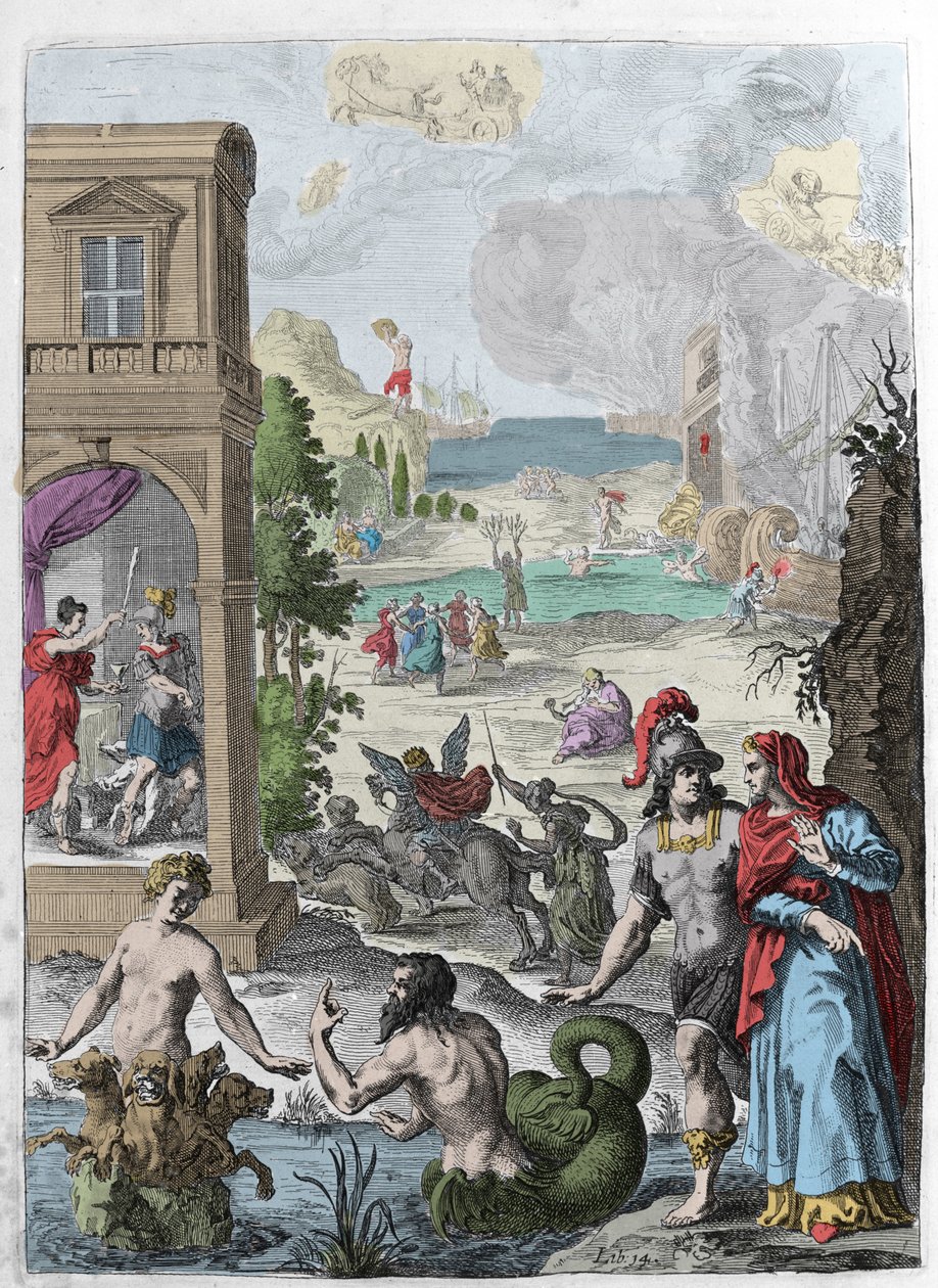 Farklı metamorfozlar, ön planda Scylla ve ona aşık deniz tanrısı Glaucos, arka planda Anaxarete tarafından asılan İphis reddediyor. Ovide