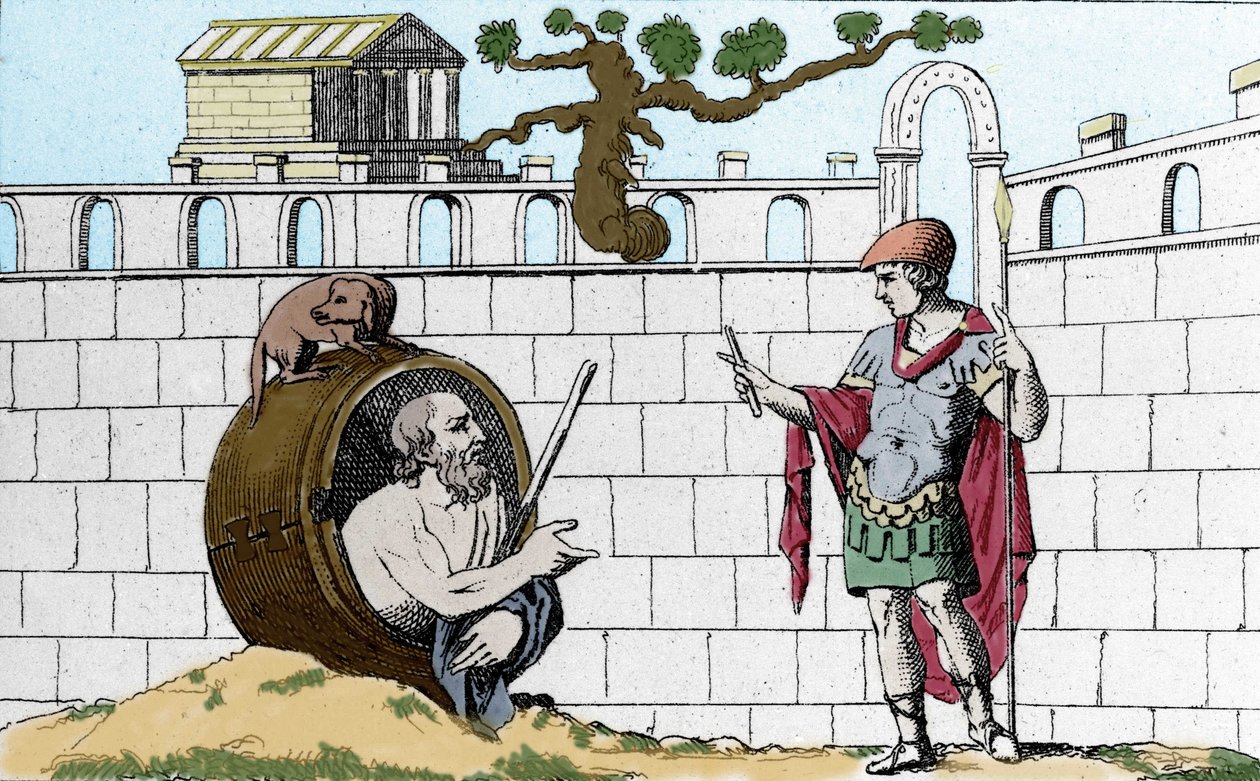 Kinik Diogenus (MÖ 413-327), Yunan filozofu, fıçısında Büyük İskender