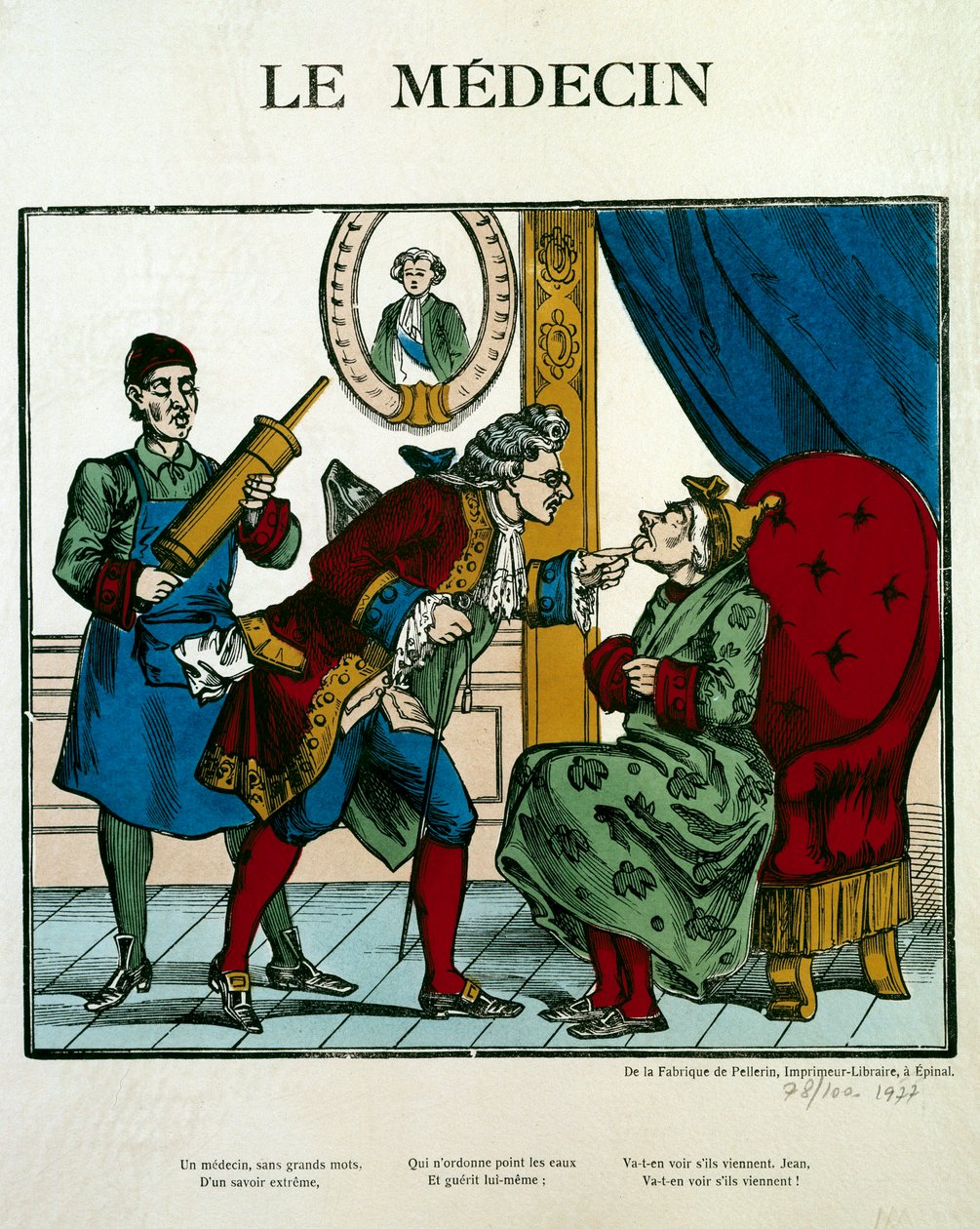 Bir hastayı muayene eden bir doktoru temsil eden Doktor Sahnesi, asistanı arkasında bir klozet tutar. 19. yüzyıl Paris gravürü, B.N. by Unknown artist