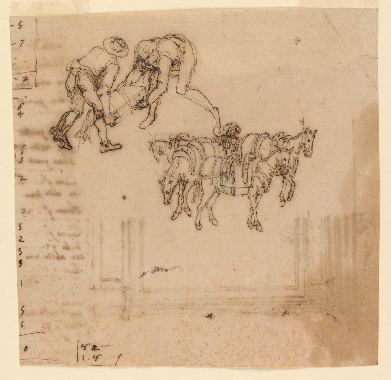 Çizim: A) Sandık taşıyan iki adam; şoförlü dört katır. B) Bir çerçeve için proje by Unknown artist