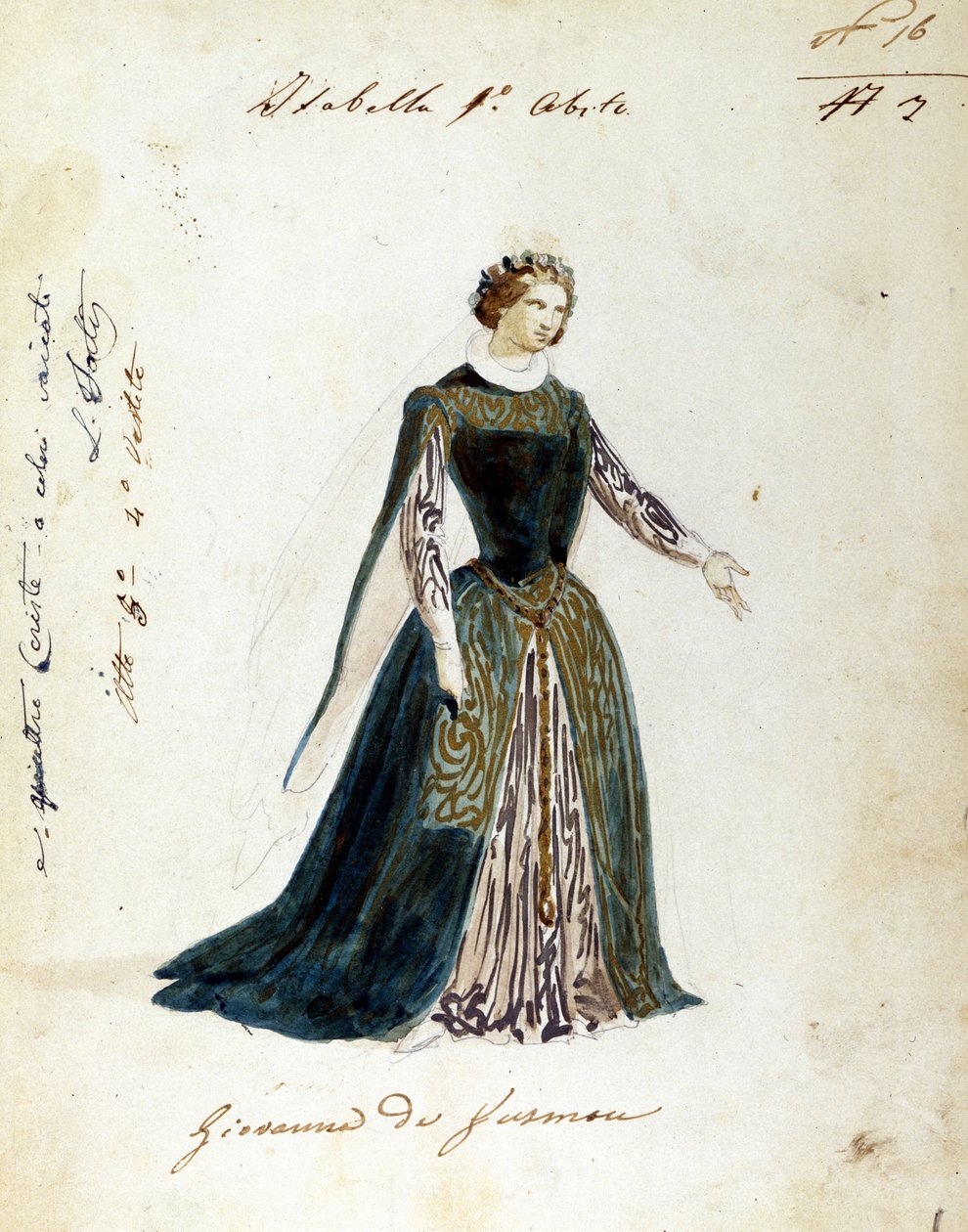 Giuseppe Verdi tarafından bestelenen “I vespri siciliani” (Sicilya Vespers) operasındaki Isabella karakteri için kostüm çizimi. İlk performansın opera başlığı “” Giovanna da Guzman”” idi. Scala Tiyatrosu için yapılan anonim kostüm by Unknown artist
