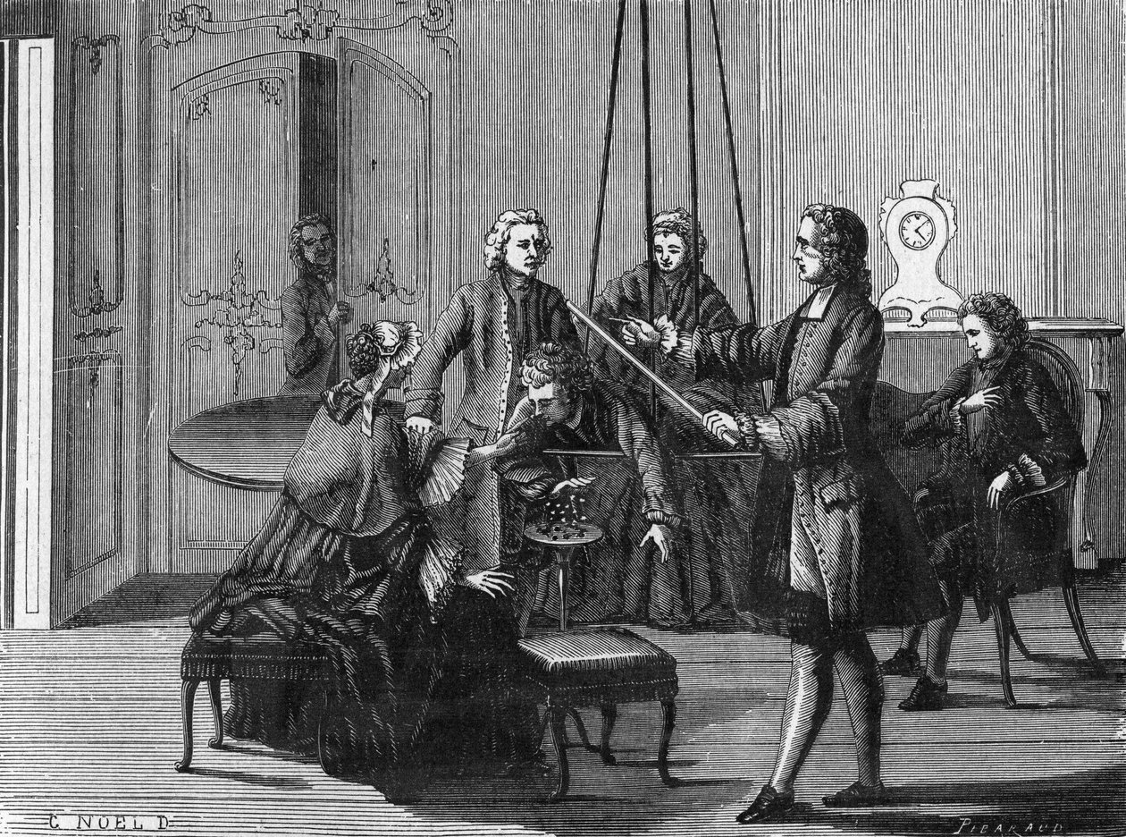 Dufay deneyimi. Fransız kimyager ve fizikçi Charles François Du Fay (Dufay?) (1698 - 1739), insan vücudundan elektrik kıvılcımlarının çekilebileceğini gösterdi. Bilim Albümünden gravür. Fransa 19. yüzyıl. by Unknown artist