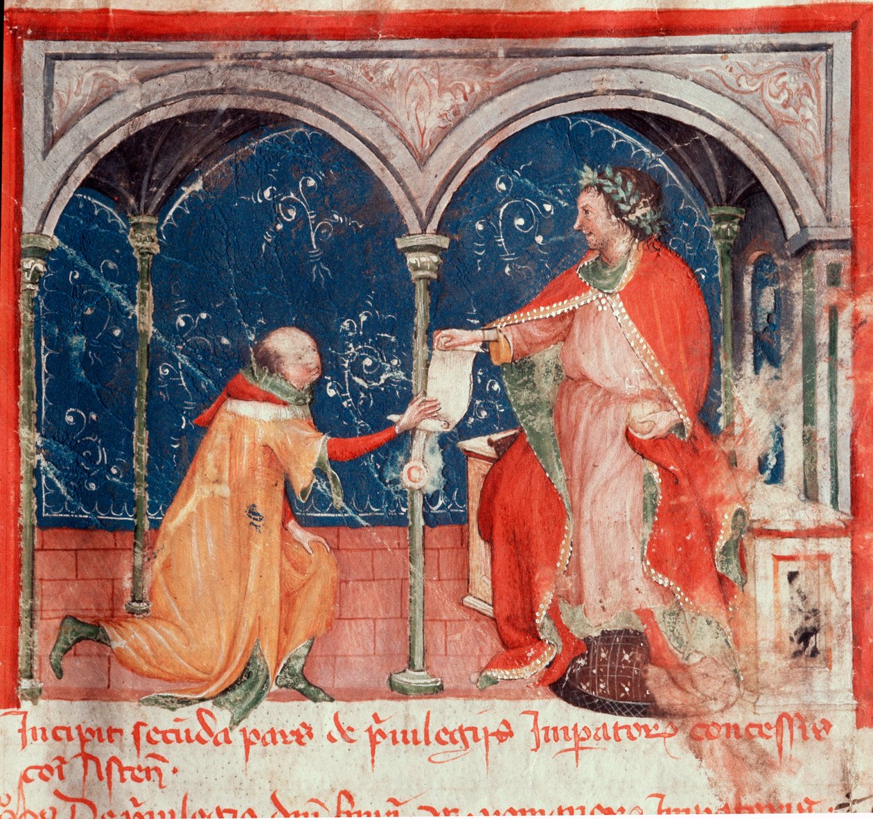 Hohenstaufen İmparatoru II. Frederic (1194-1250), Asti şehrine ayrıcalıklar tasarlayan “Codex Astensis”ten (veya Malabayla) alınan Minyatür, 1065-1353 yılları arasında Asti şehri hakkında kayıtlar. 14. yüzyıl. Asti belediye başkanı koru by Unknown artist