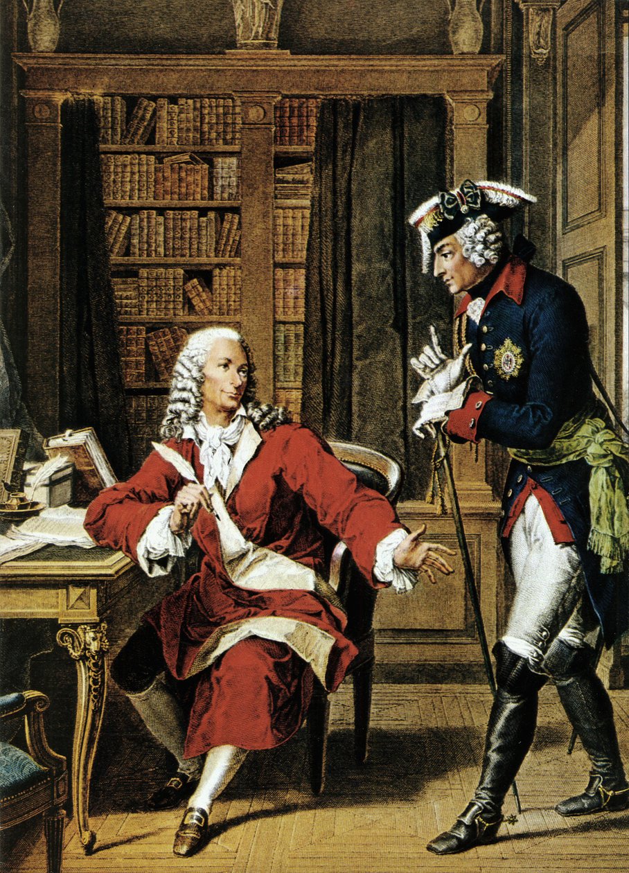 İmparator Büyük Frederick II (1712 - 1786), filozof Voltaire'i (1694 - 1778) ziyaret eder. 18. yüzyılın gravürü. by Unknown artist