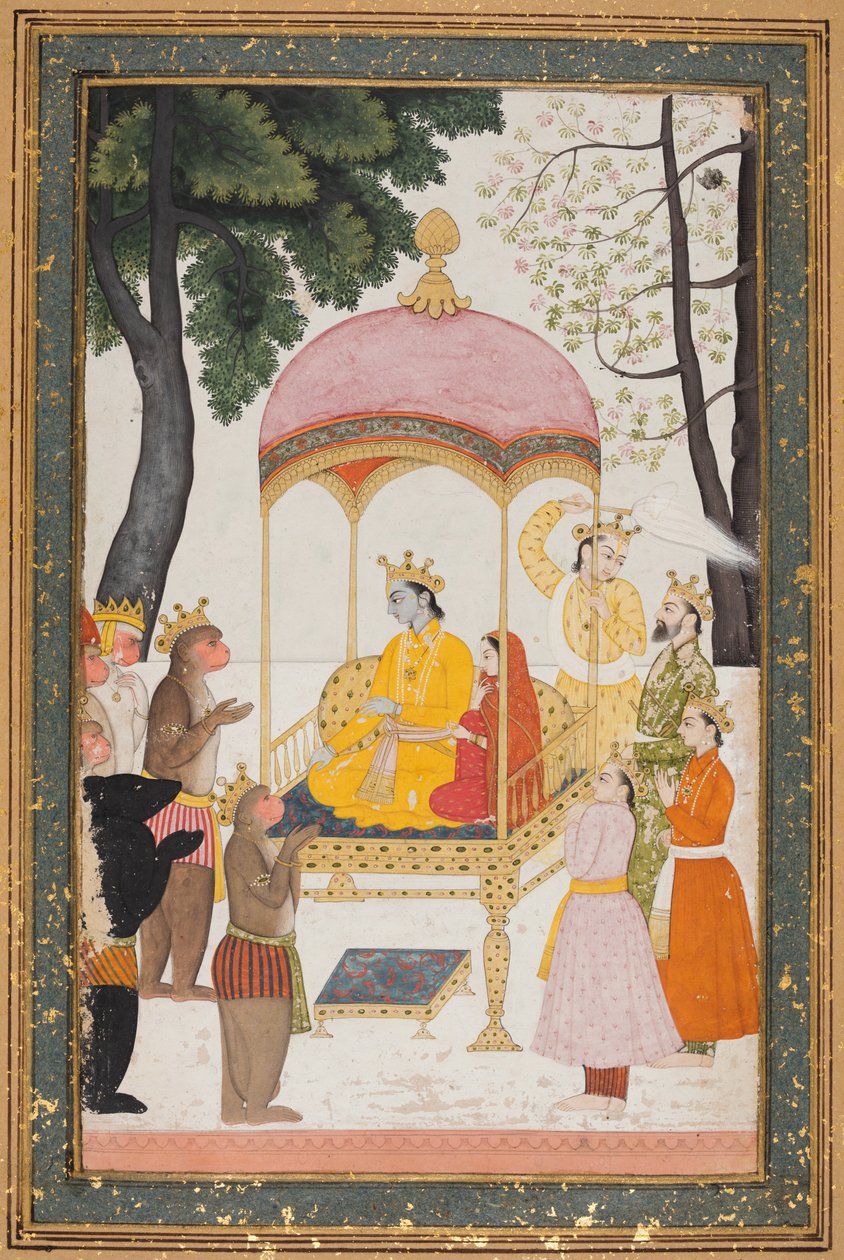 Enthroned Rama ve Sita, Maymun ve Ayı Müttefiklerinden Saygı Gördüler by Unknown artist