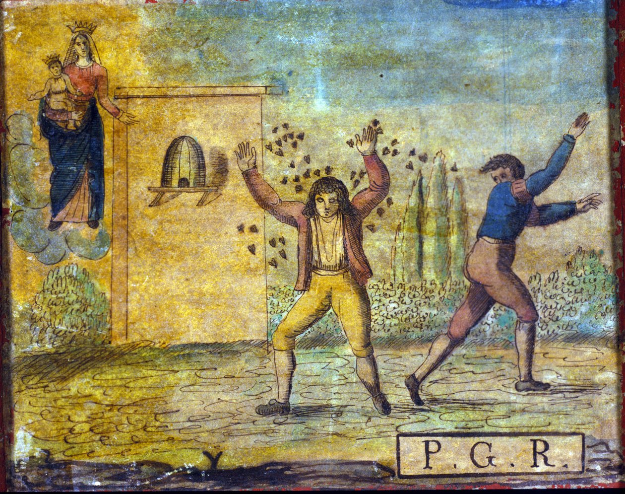 Arılar tarafından saldırıya uğrayan bir kişiyi temsil eden 19. yüzyılın başından itibaren ex voto. by Unknown artist