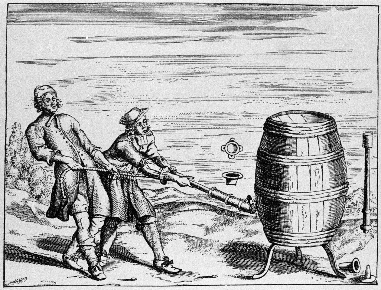 Alman bilim adamı Otto van Guericke tarafından atmosfer basıncını hesaplamak için gerçekleştirilen deneyim. Otto von Guericke (Otto de Guericke) tarafından “” Ottonis de Guericke: Experimenta Nova Magdeburgica de vacuo spatio””dan alınan plaka by Unknown artist