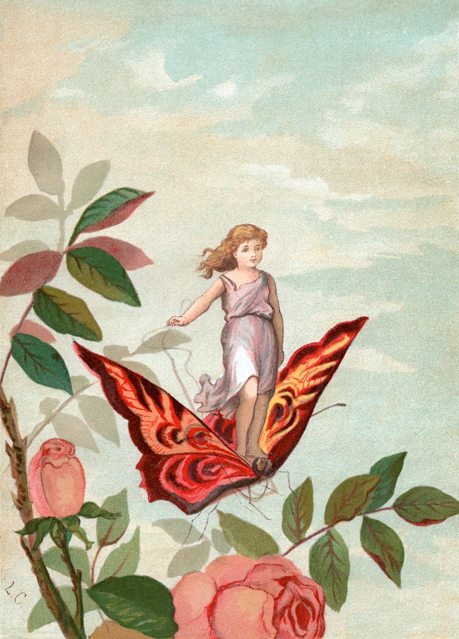Güllerin arasında kelebeğe binen peri by Unknown artist