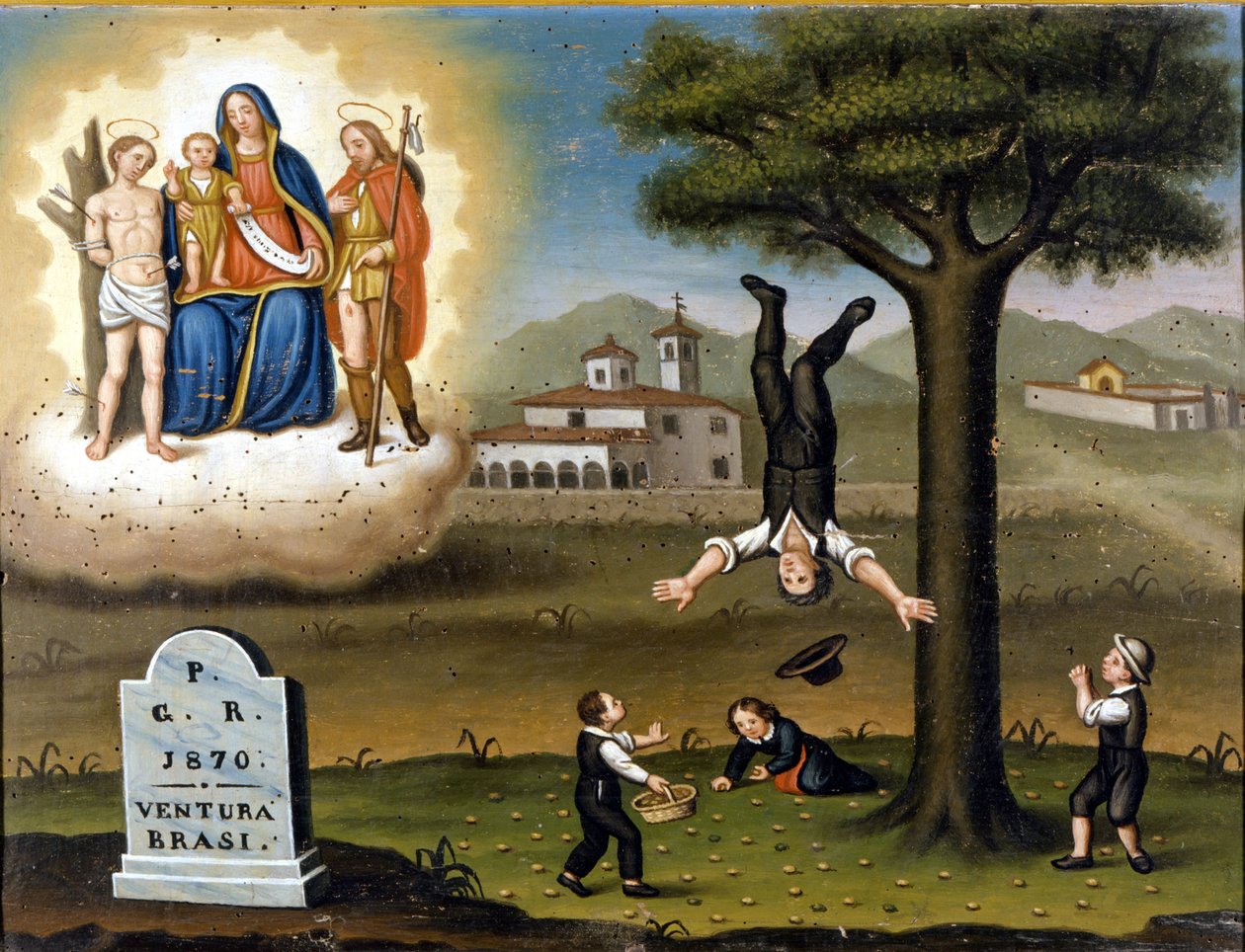Bir ağacın düşmesi. Sol üstte, San Sebastian ve San Roch arasındaki Madonna. Ex voto de 1870. by Unknown artist