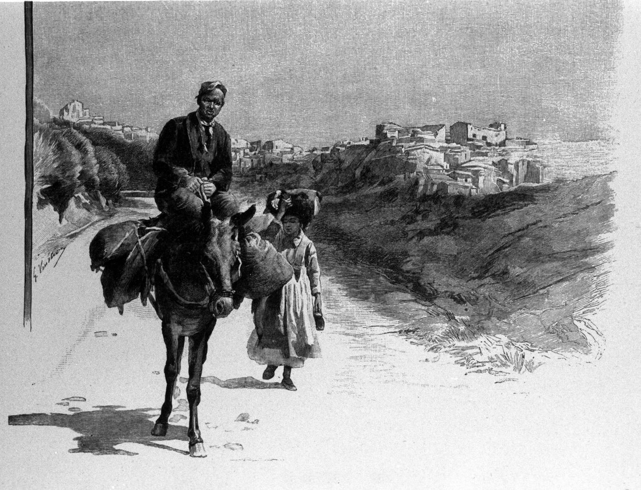 Calatafimi yolunda seyahat eden aile, 19. yüzyılın Sicilya gravürü by Unknown artist