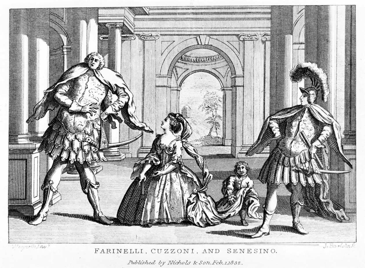 George Frederick Handel (Georg Friedrich Handel) tarafından operada soprano Cuzzoni ve hadım Francesco Bernardo Senesino (1680 - 1750) ile Farinelli (Carlo Broschi, dit; 1705 - 1782) by Unknown artist