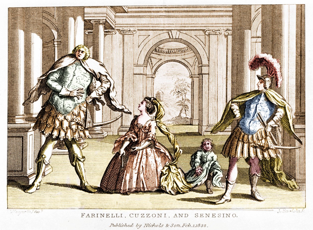 George Frederick Handel (Georg Friedrich Handel) tarafından operada soprano Cuzzoni ve hadım Francesco Bernardo Senesino (1680 - 1750) ile Farinelli (Carlo Broschi, dit; 1705 - 1782) by Unknown artist