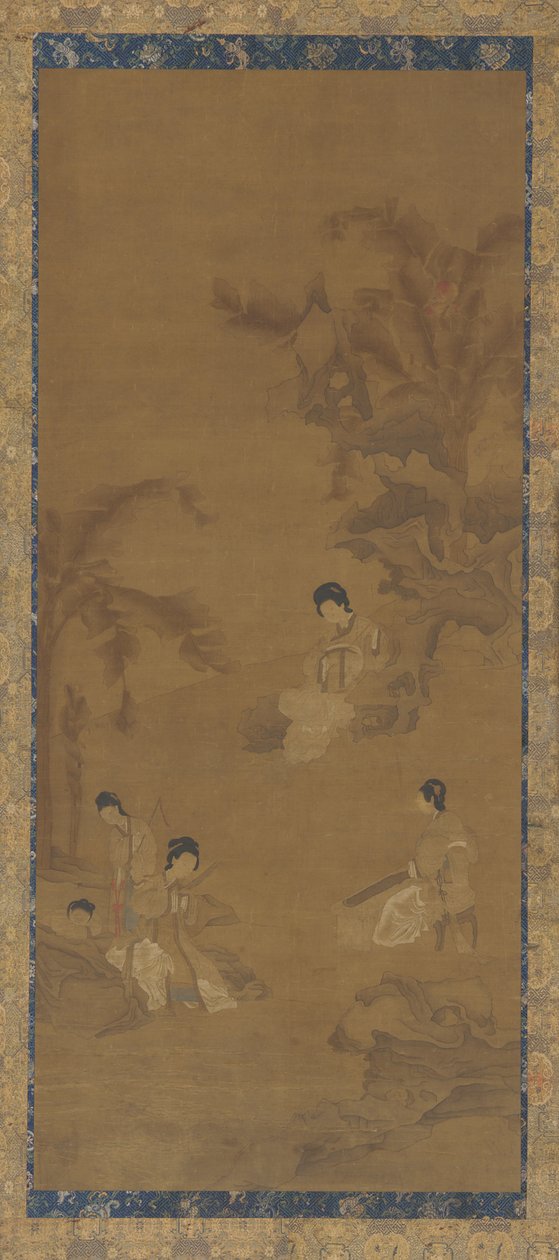 Muz avuç içi altında bir bahçede kadın müzisyenler by Unknown artist