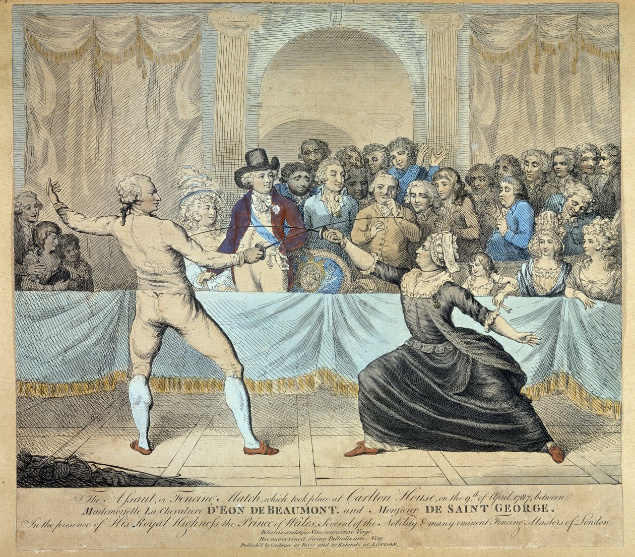 Eon de Beaumont şövalyesi ile Mösyö de Saint George arasındaki eskrim dövüşü, 9 Nisan 1787. Gravür by Unknown artist