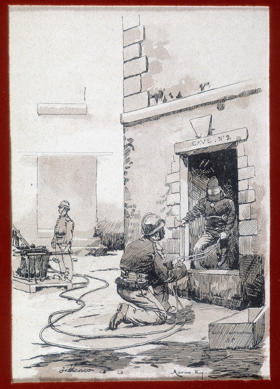 İtfaiyeciler: mahzenlerden itfaiye cihazı. gravür 19. yüzyıl by Unknown artist