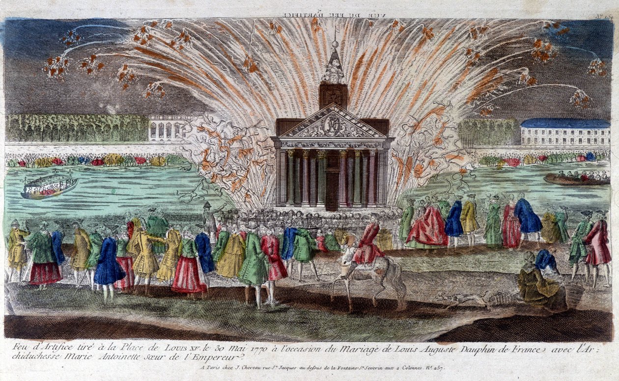Louis Auguste, Fransa Dauphin'in İmparator'un kızkardeşi Arşidüşes Marie Antoinette ile evlenmesi vesilesiyle, 30 Mayıs 1770'de Place de Louis XV'e havai fişekler atıldı. 18. yüzyılın sonlarında gravür. by Unknown artist