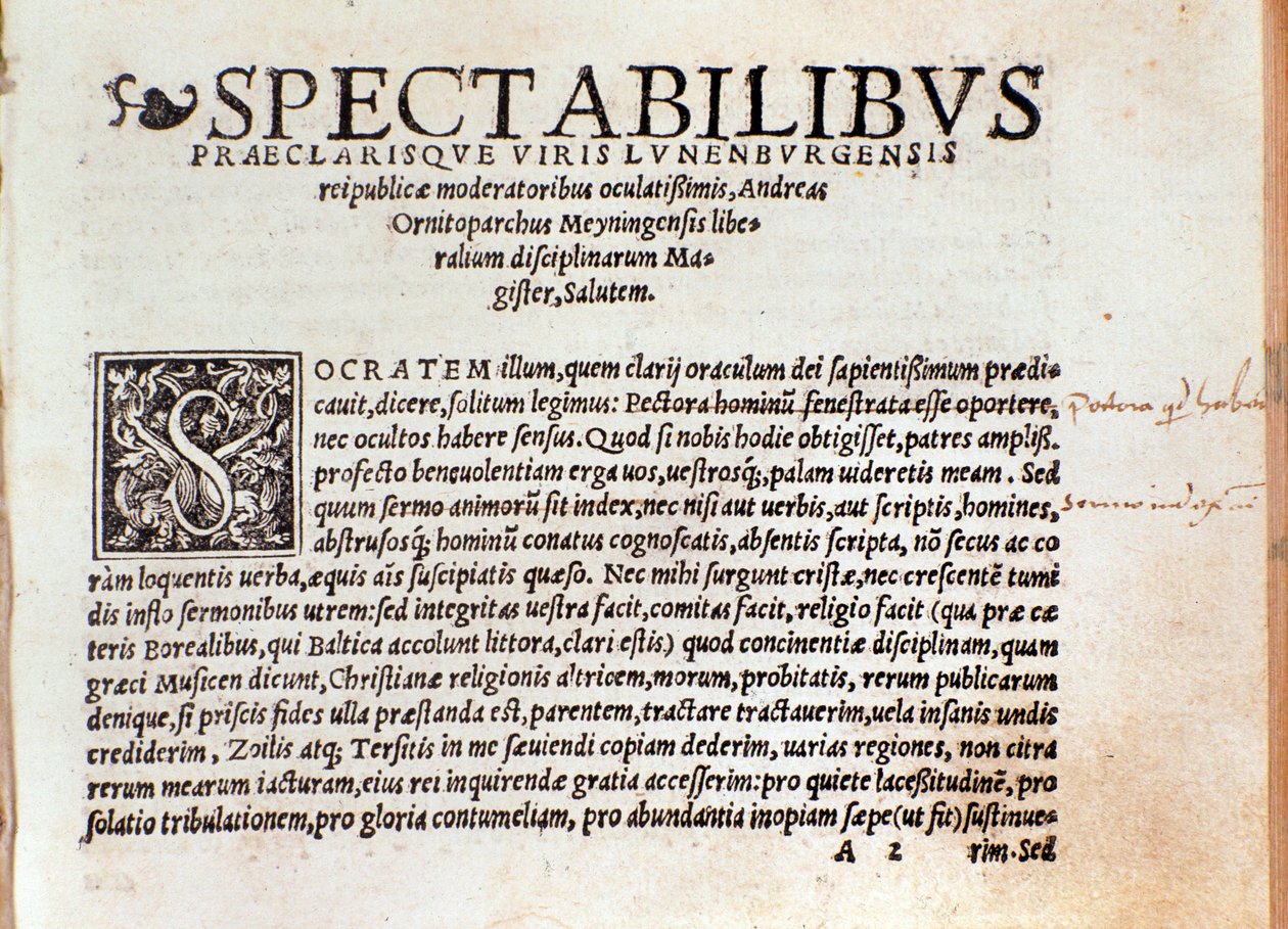 Andree Ornitoparchi (Andreas Ornithoparchus) tarafından “De arte cantandi micrologus”un ilk sayfası 1533 Bologna, sivil müzik müzesi by Unknown artist