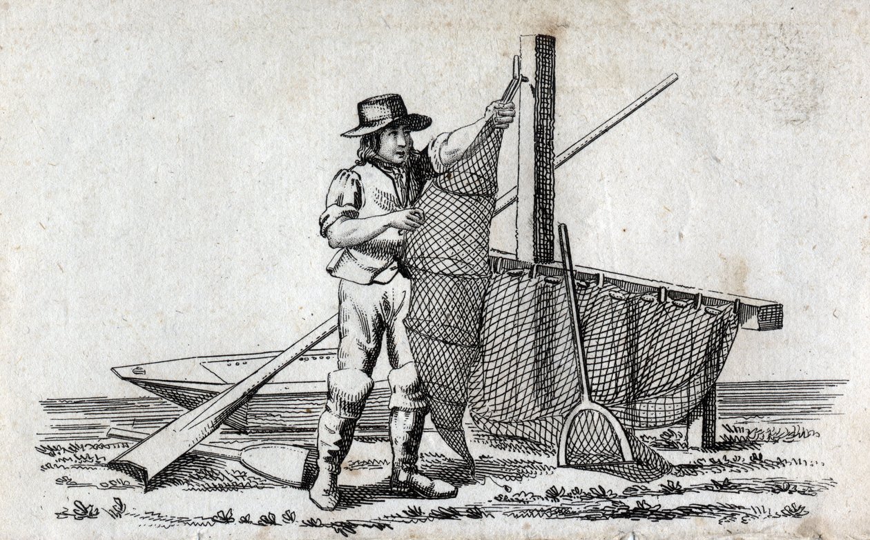 Balıkçı ve balık ağı. 18. yüzyılın güzel gravürü. Özel koleksiyon. by Unknown artist