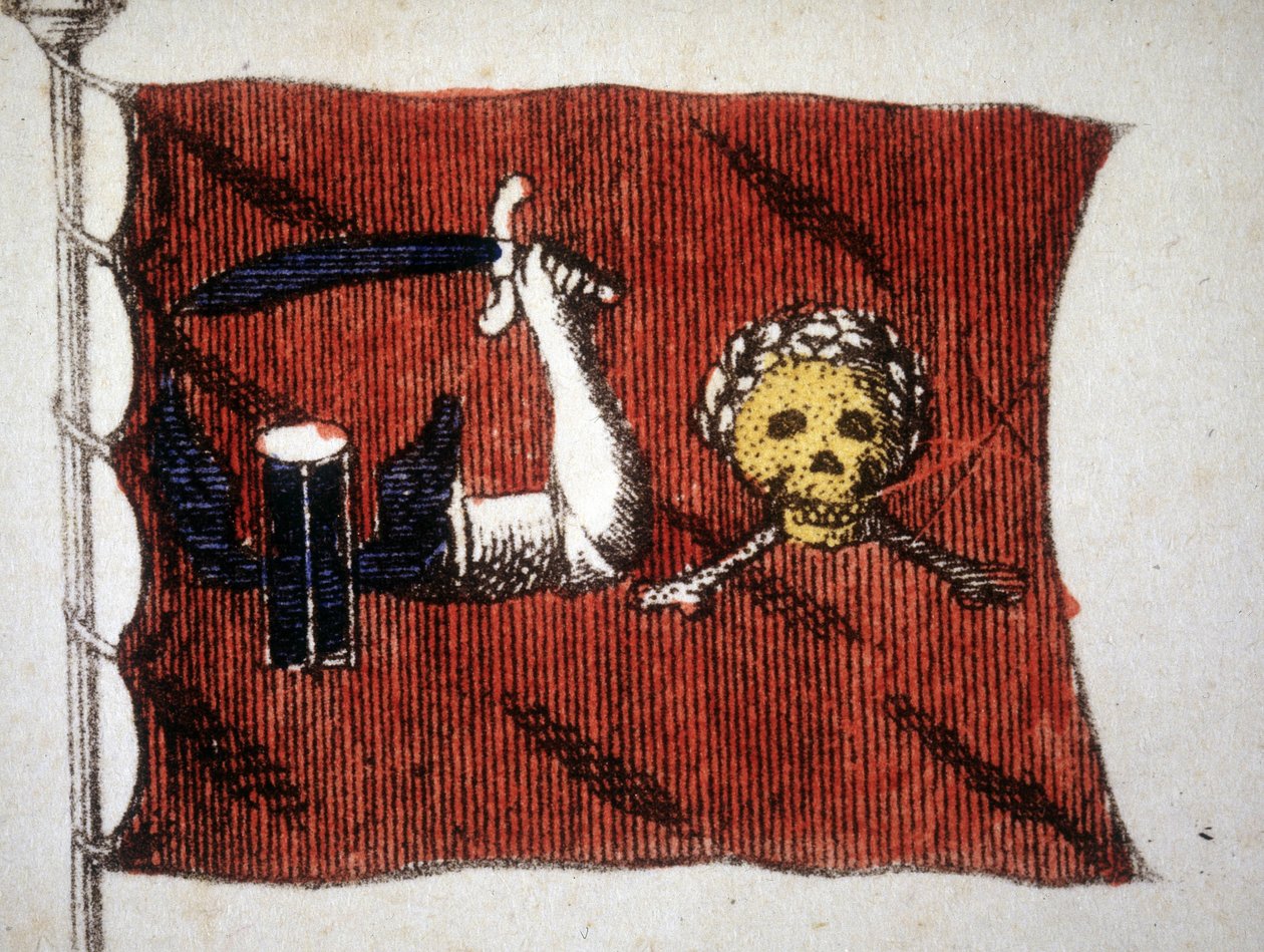Barbar korsanların bayrağı, 18. yüzyılın sonlarında oyma. by Unknown artist