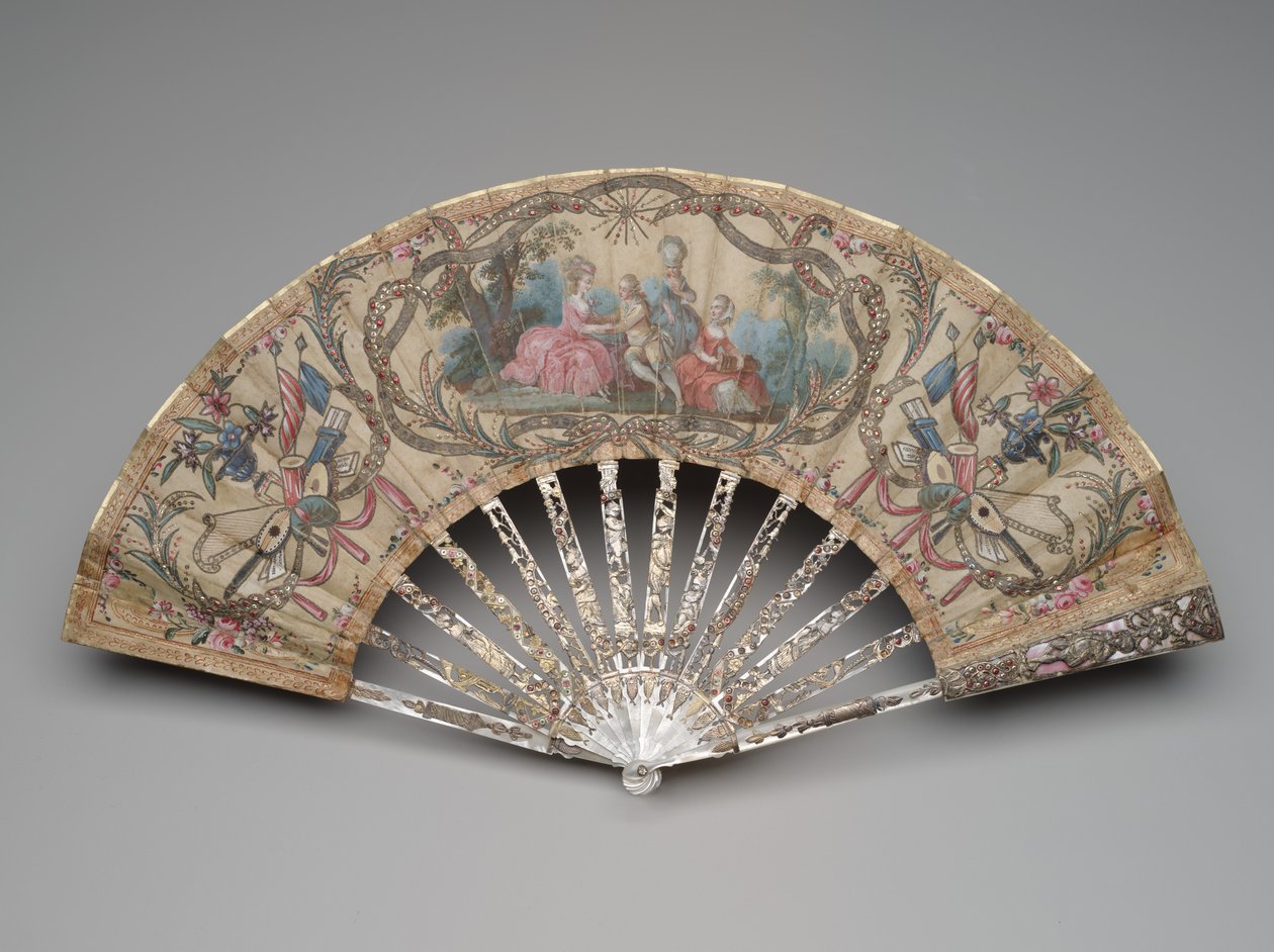 Bir flört sahnesi ve müzik kupaları olan katlanır yelpaze, c.1770