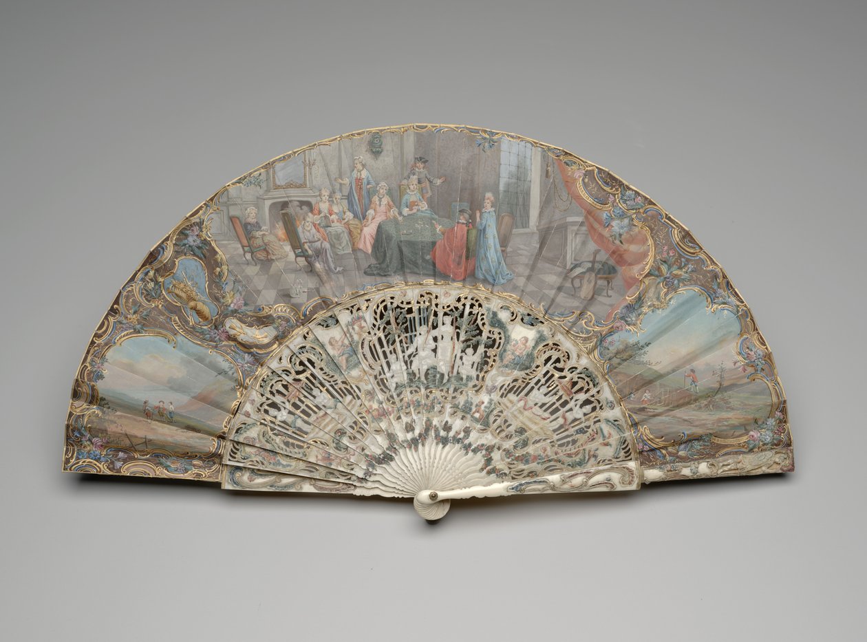 Modaya uygun bir iç mekanda kart oyuncuları sahnesine sahip katlanır yelpaze, c.1740