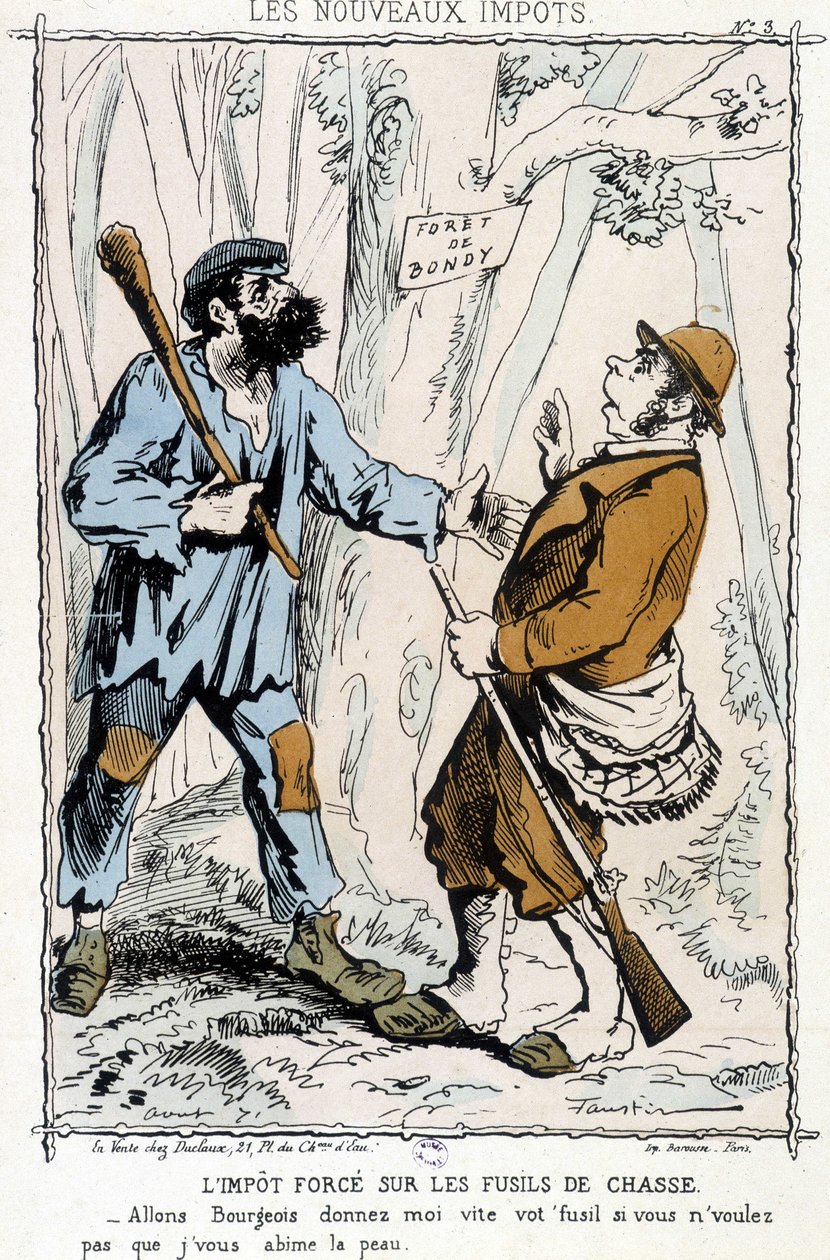 Av tüfeklerine zorunlu vergi: “Burjuva gidelim, derinizi mahvetmemi istemiyorsanız silahınızı hemen bana verin” - “yeni vergiler” üzerine karikatür by Unknown artist