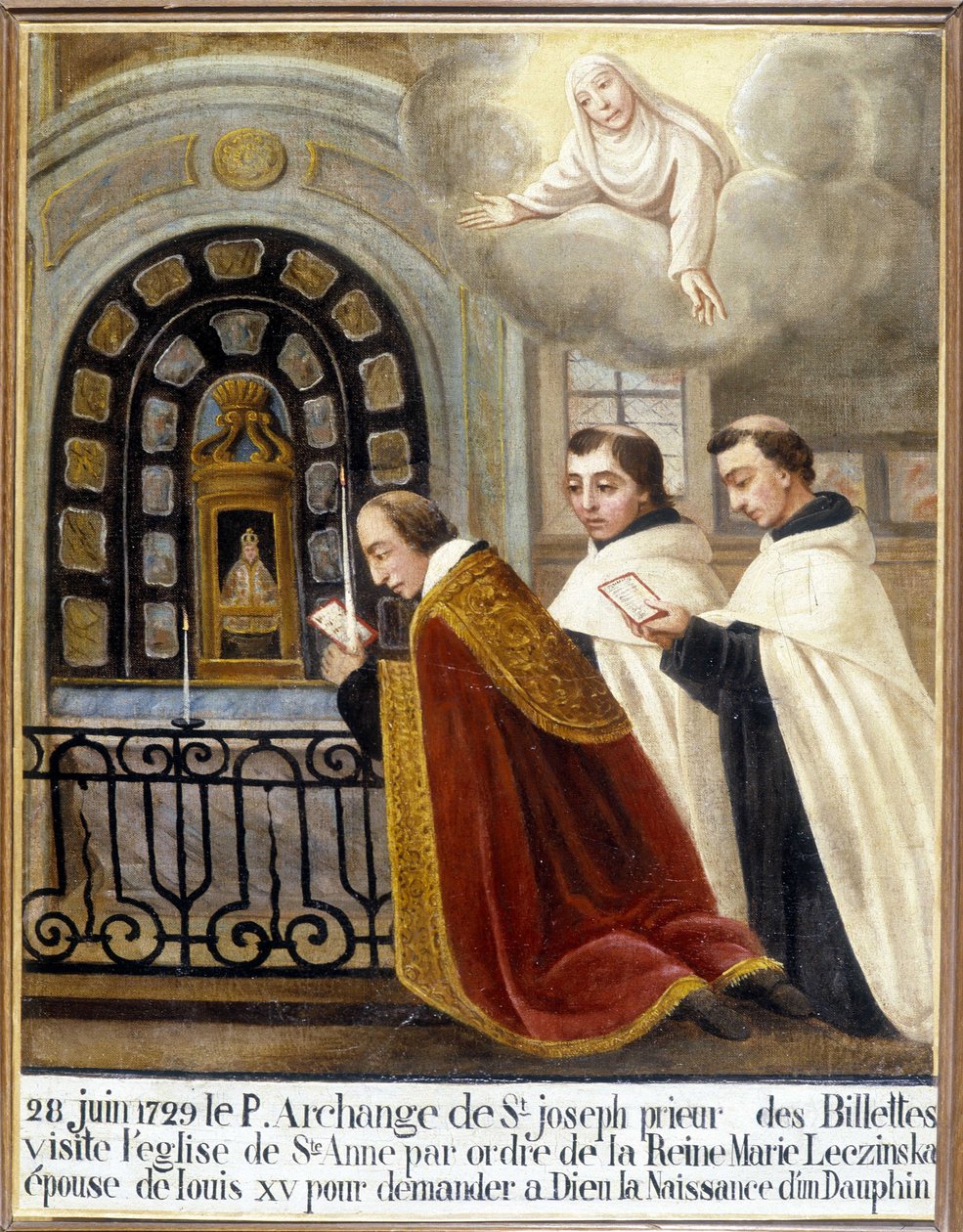 Aziz Joseph Başmeleği, Billettes Öncesi, Louis XV'in karısı Kraliçe Mary Leszczynska'nın emriyle Tanrı'dan bir yunusun doğumunu istemesi için Saint Anne kilisesini ziyaret ediyor, 28 Haziran 1729 - Ex-Voto Sainte Anne d'Auray by Unknown artist