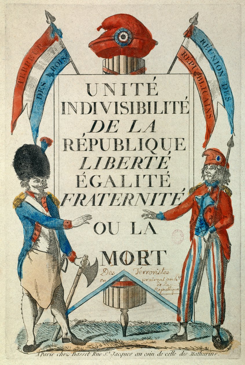 Fransız Devrimi: “” Unite, indivisibilite de la Republique “” Liberte, Egalite, Fraternite ou la mort”” Külotsuz ve horozsuz propaganda manifestosu. 1794 Paris Baskıları, Musee Carnavalet by Unknown artist