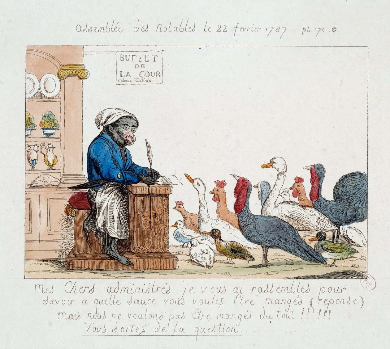 Fransız Devrimi: “” Assembllee des notables du 22 Şubat 1787”” Hindi, tavuk, kaz ve hindilerden oluşan bir meclise başkanlık eden maymun aşçıda Kral XVI. Louis